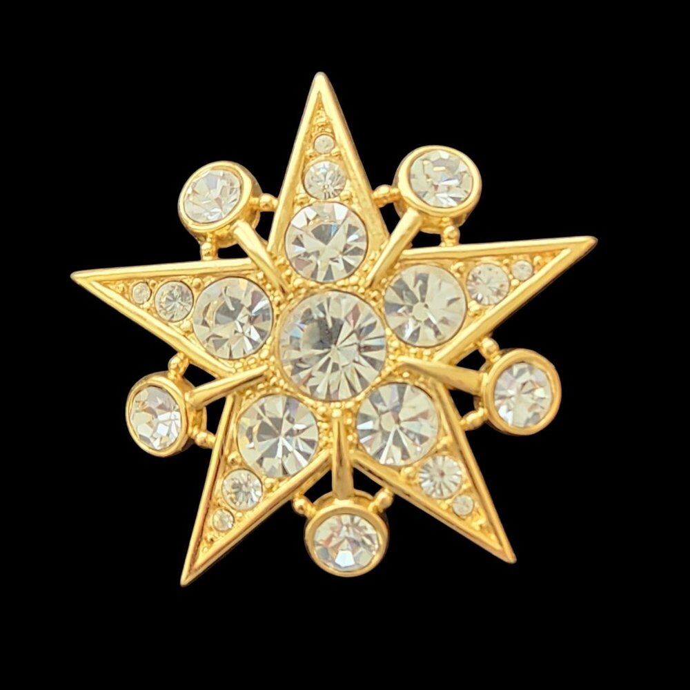 Vintage Swarovski Gold-Tone Starburst Brooch With Sparkling Crystals